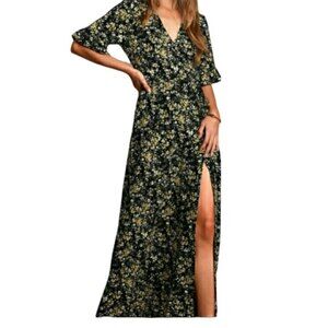 Lulus “September Sunsets” Floral Yellow Maxi Wrap Dress Small Radiant Boho Summe